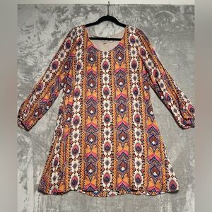 Tacera Knee Length Long Sleeve Split Dress Women’s Medium Boho Geometric